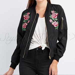 Black Bomber Jacket with Rose Embroidery